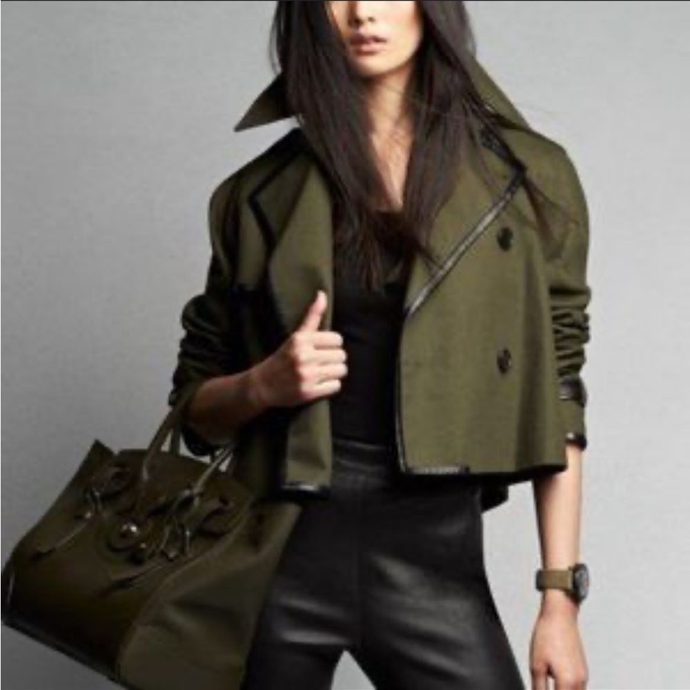 RALPH LAUREN Black Label olive green canvas black leather trim jacket